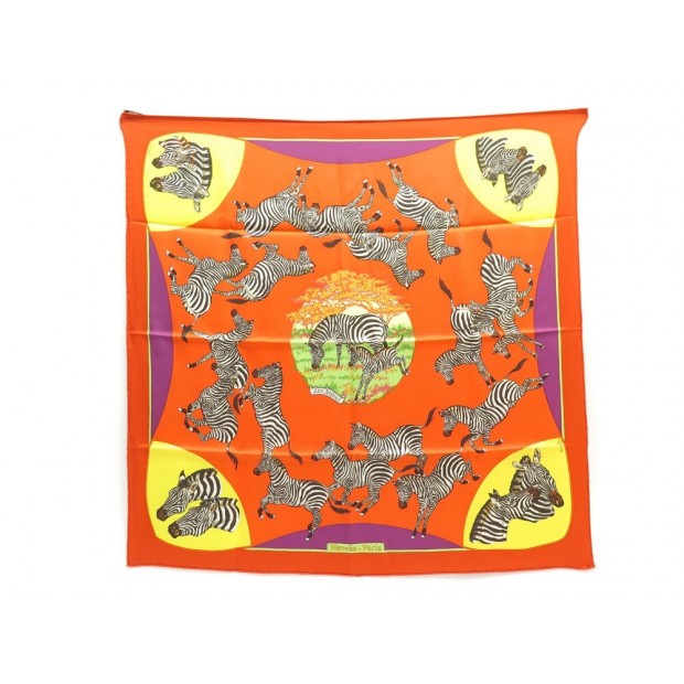 FOULARD HERMES LES ZEBRES CARRE 70 CM EN SOIE ORANGE + BOITE SILK SCARF 285€