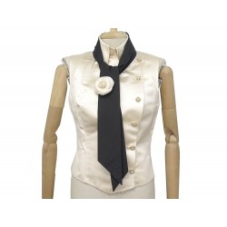 NEUF GILET CHANEL P29434 T38 M EN SOIE CREME + CRAVATE NOIRE EN COTON ET CAMELIA