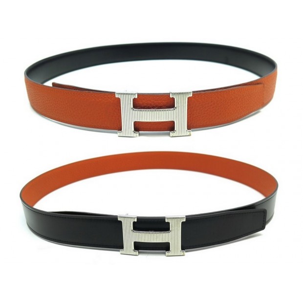 CEINTURE HERMES REVERSIBLE BOUCLE H GUILLOCHE 32MM 95 CUIR NOIR ORANGE BELT 650€