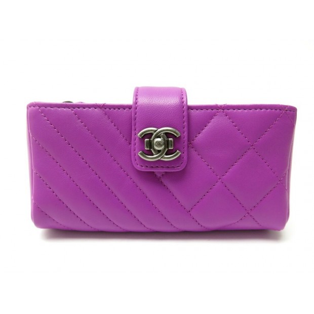 NEUF PORTEFEUILLE CHANEL O-MINI POCHETTE PORTE MONNAIE CUIR VIOLET WALLET 770€