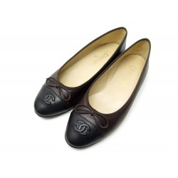 NEUF CHAUSSURES CHANEL BALLERINES LOGO CC A02819 38.5 CUIR MARRON BOITE NEW 750€