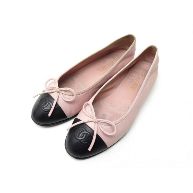 CHAUSSURES CHANEL BALLERINES LOGO CC G02819 38 EN CUIR ROSE + BOITE SHOES 750€