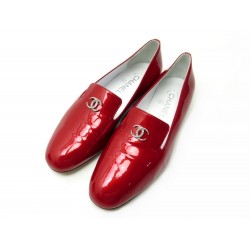 NEUF CHAUSSURES CHANEL MOCASSINS LOGO CC G30637 38 CUIR VERNIS ROUGE SHOES 1300€