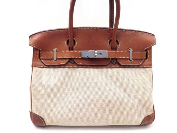 SAC A MAIN HERMES BRIKIN 28 CM TOILE ET CUIR