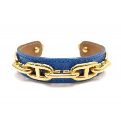 NEUF BRACELET HERMES MAILLONS CHAINE D ANCRE DORE & CUIR EPSOM BLEU BANGLE 555€