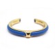 BRACELET HERMES KYOTO T17 EN METAL DORE ET CUIR BLEU BIJOU BANGLE JEWEL 415€