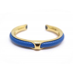 BRACELET HERMES KYOTO T17 EN METAL DORE ET CUIR BLEU BIJOU BANGLE JEWEL 415€