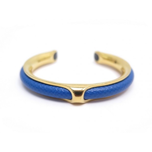 BRACELET HERMES KYOTO T17 EN METAL DORE ET CUIR BLEU BIJOU BANGLE JEWEL 415€