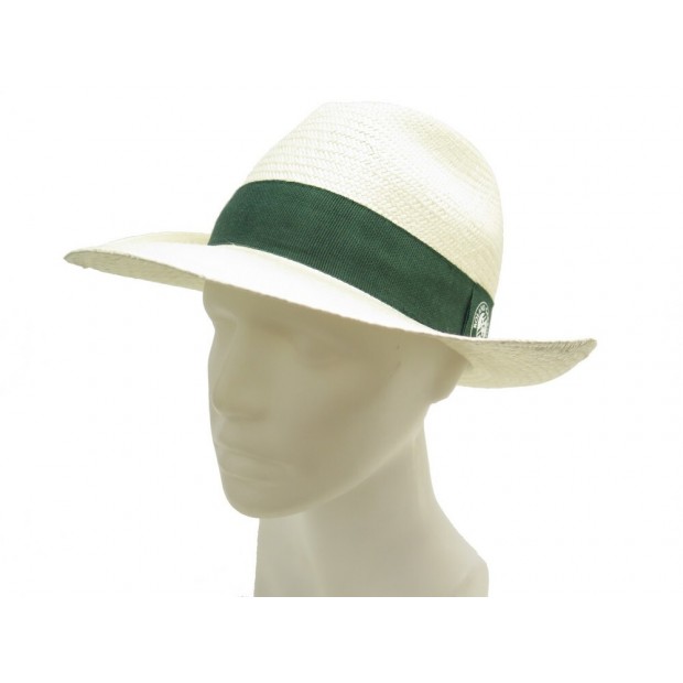 NEUF CHAPEAU ROLEX PANAMA ROLAND GARROS 54 EN RAPHIA CREME ET TOILE VERT HAT