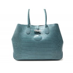 SAC A MAIN LONGCHAMP ROSEAU EN CUIR FACON CROCO BLEU CABAS TOTE HAND BAG 490€