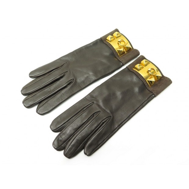 GANTS HERMES MEDOR COLLIER DE CHIEN 6.5 EN CUIR MARRON LEATHER GLOVES 770€