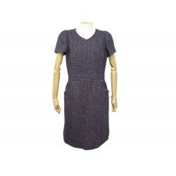 ROBE CHANEL P49926 MANCHES COURTES L 42 EN TWEED BLEU MARINE NAVY DRESS 4890€