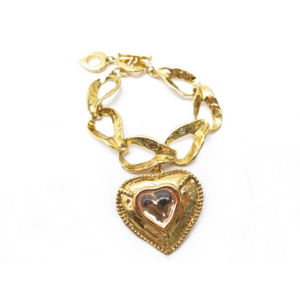 NEUF VINTAGE BRACELET YVES SAINT LAURENT PENDENTIF COEUR METAL DORE GOLDEN HEART