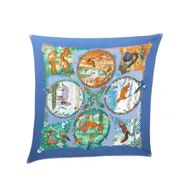 NEUF FOULARD HERMES LES QUATRE SAISONS EN SOIE PLISSE BLEU SILK SCARF 345€