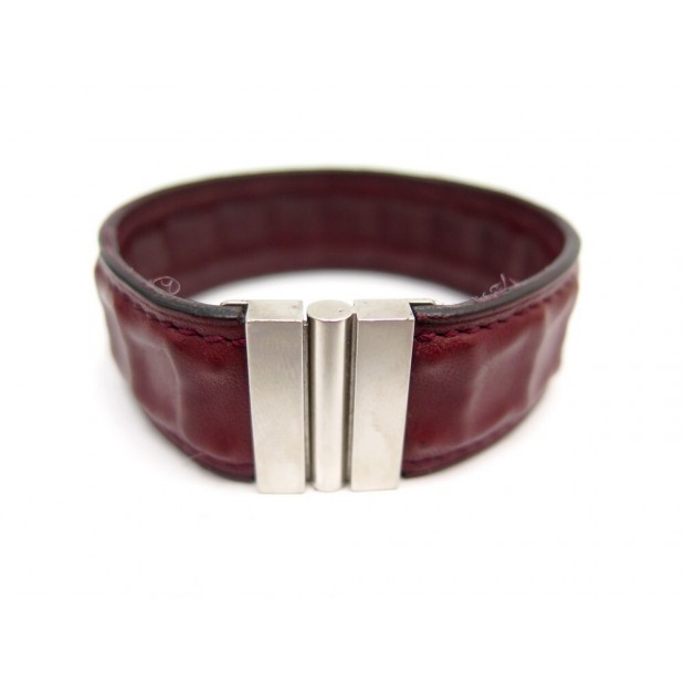 BRACELET HERMES EN CUIR BORDEAUX GAUFFRE FERMOIR ACIER PALADIE BANGLE JEWEL 555€