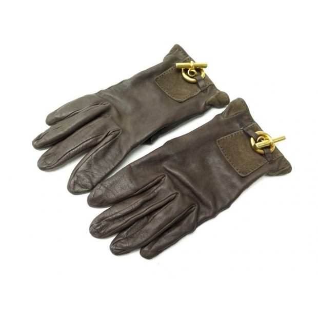 GANTS HERMES GLENAN 7.5 EN CUIR MARRON ET METAL DORE BROWN LEATHER GLOVES 770€