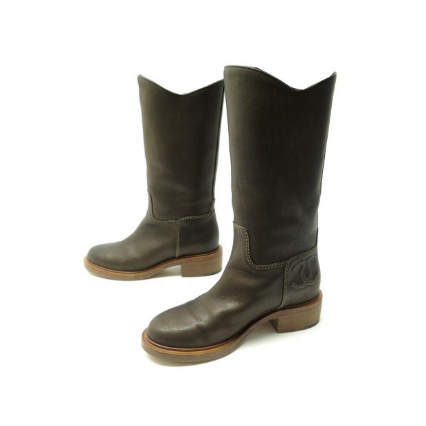 CHAUSSURES CHANEL G29958 37 BOTTES MOTARD CUIR TAUPE LEATHER BOOTS SHOES 1215€