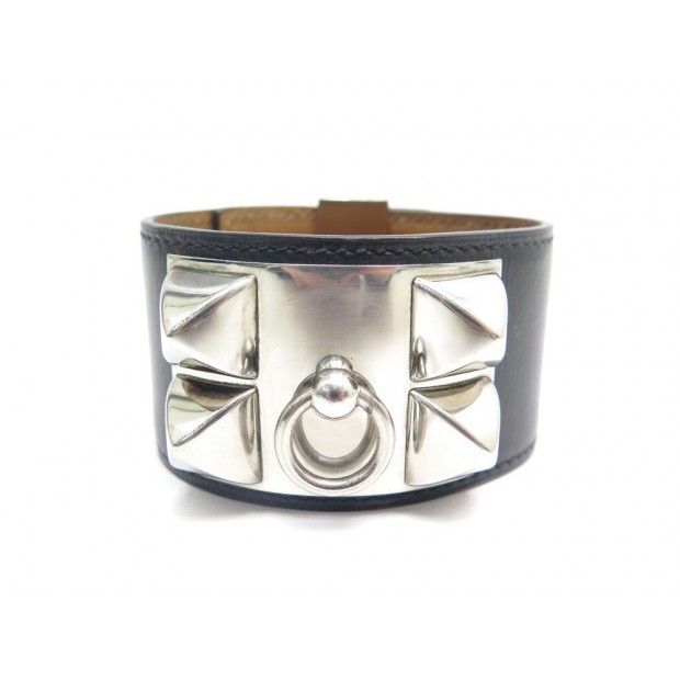 BRACELET HERMES COLLIER DE CHIEN MEDOR CUIR BOX NOIR BLACK LEATHER BANGLE 995€