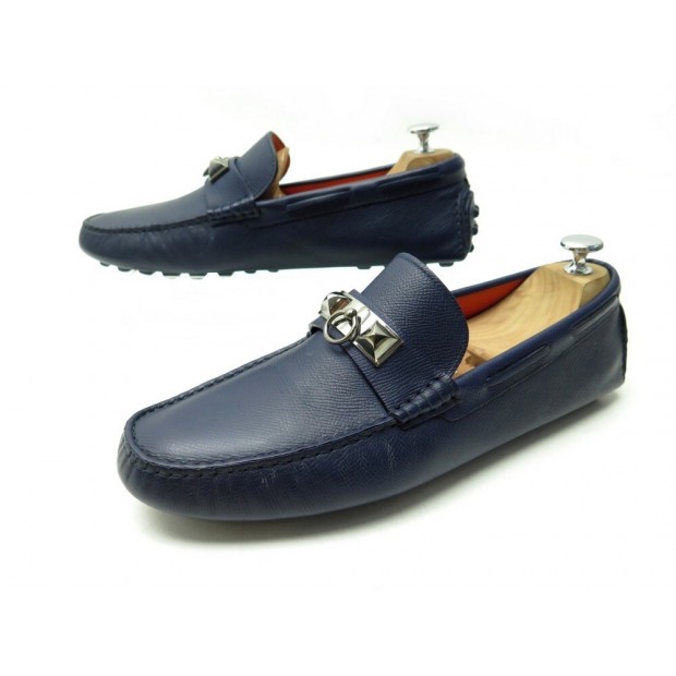 CHAUSSURES HERMES IRVING 42.5 MOCASSINS EN CUIR GRAINE BLEU MARINE LOAFERS 760€