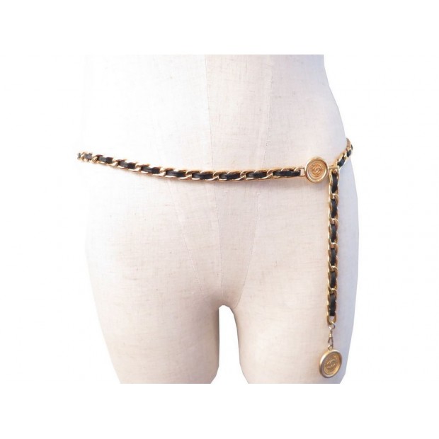 CEINTURE CHANEL CHAINE ENTRELACEE 104 CM METAL DORE & CUIR MEDAILLON BELT 1200€