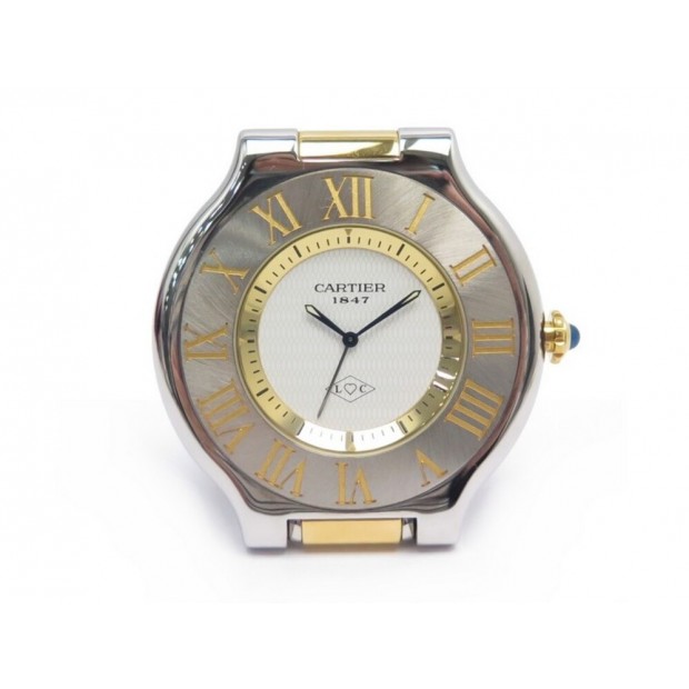 PENDULETTE DE VOYAGE CARTIER MUST 21 REVEIL QUARTZ ACIER PALLADIE + BOITE CLOCK