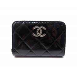 NEUF PORTE MONNAIE CHANEL CLASSIQUE CUIR VERNIS MATELASSE NOIR NEW WALLET 580€