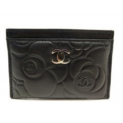 NEUF PORTE CARTES CHANEL CAMELIA CUIR NOIR NEW LEATHER CARDS HOLDER 370€