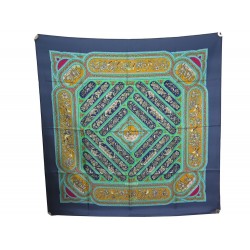 FOULARD HERMES QALAMDAN BASCHET CARRE 90 EN SOIE BLEU + BOITE SILK SCARF 410€