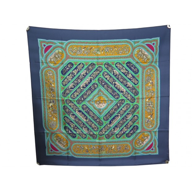 FOULARD HERMES QALAMDAN BASCHET CARRE 90 EN SOIE BLEU + BOITE SILK SCARF 410€