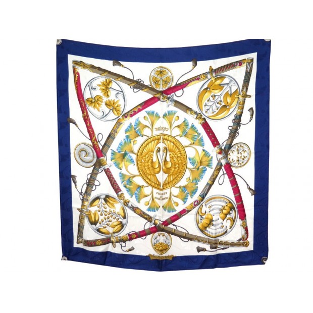 FOULARD HERMES DAIMYO FRANCOISE HERON EN SOIE BROCHEE JACQUARD BLEU SCARF 410€