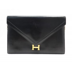 VINTAGE SAC A MAIN HERMES POCHETTE LYDIE EN CUIR BOX NOIR LEATHER HAND BAG POUCH