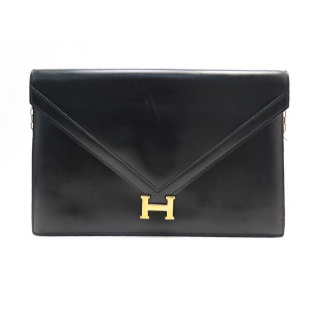 VINTAGE SAC A MAIN HERMES POCHETTE LYDIE EN CUIR BOX NOIR LEATHER HAND BAG POUCH