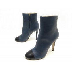 NEUF CHAUSURES CHANEL G33306 BOTTINES CUIR BICOLORE NOIR BLEU SHORT BOOTS 1400€