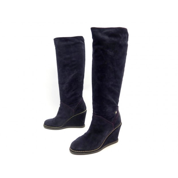 NEUF BOTTES CHANEL CAVALIERES COMPENSEES EN DAIM BLEU 38 BLUE DEER BOOTS 1800€