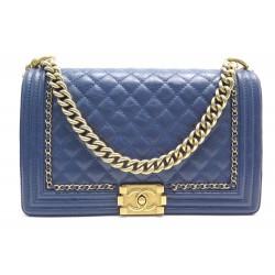 SAC A MAIN CHANEL GRAND BOY EN CUIR CUIR MATELASSE BLEU CHAINE HAND BAG 5400€