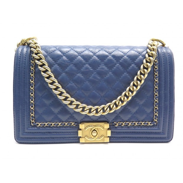 SAC A MAIN CHANEL GRAND BOY EN CUIR CUIR MATELASSE BLEU CHAINE HAND BAG 5400€