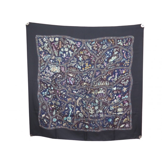 FOULARD HERMES CHEMINS DE GARRIGUE CHRISTINE HENRY SOIE ANTHRACITE + BOITE 410€