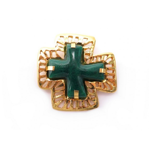 VINTAGE BROCHE CHRISTIAN LACROIX CROIX EN METAL DORE & PIERRE VERTE CROSS BROOCH