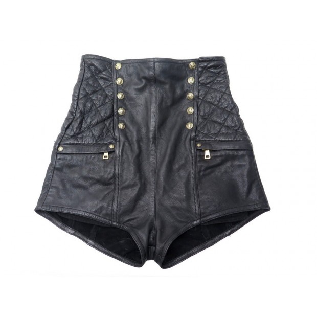 NEUF SHORT TAILLE HAUTE BALMAIN 42 IT 38 FR CUIR CHEVRE NOIR LEATHER NEW 1490€