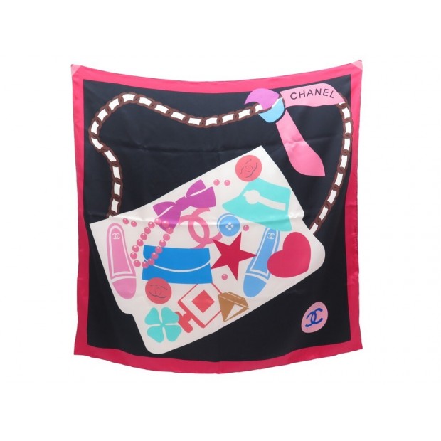 FOULARD CHANEL CARRE 90 SAC TIMELESS CHARMS LOGO CC SOIE NOIR BOITE SCARF 480€