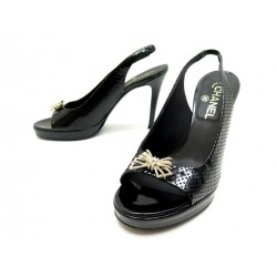 NEUF CHAUSSURES CHANEL SANDALES G26717 38 NOEUD CUIR VERNIS NOIR + BOITE 1250€