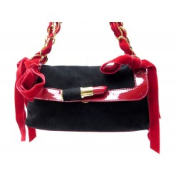 SAC A MAIN MOSCHINO CHEAPANDCHIC ROUGE A LEVRE POCHETTE DAIM NOIR CUIR VERNI BAG