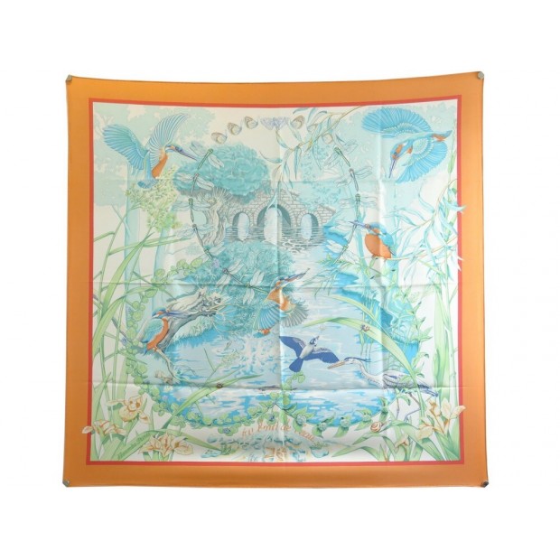 NEUF FOULARD HERMES AU BORD DE L'EAU PAR LAURENCE TOUTSY SOIE ORANGE SCARF 385€