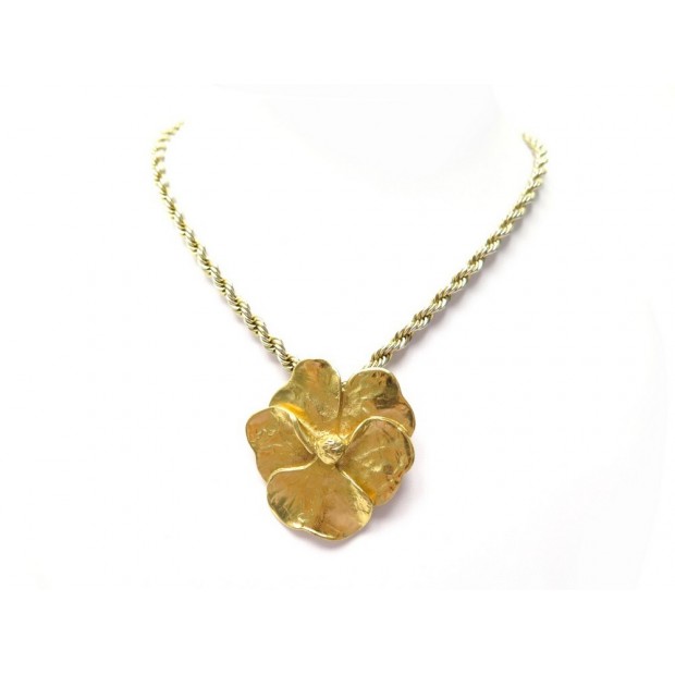 NEUF COLLIER YVES SAINT LAURENT PENDENTIF BROCHE FLEUR METAL DORE NECKLACE 495€