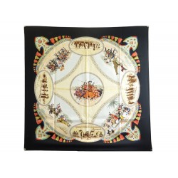 FOULARD HERMES CAVALIERS PEULS FOUGEROLLE CARRE 90 EN SOIE NOIR SILK SCARF 385€