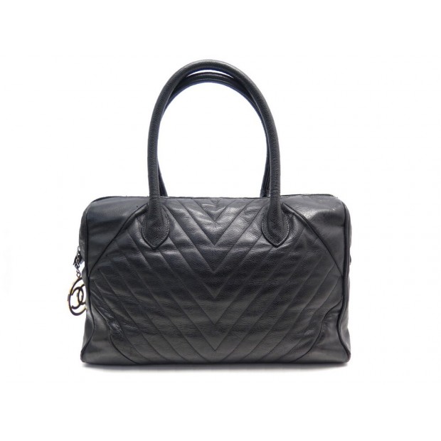 VINTAGE SAC A MAIN CHANEL CABAS EN CUIR CAVIAR CHEVRONS NOIR LEATHER HAND BAG