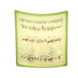 RARE FOULARD HERMES CHEVAUX A L'ENTRAINEMENT KARL REILLE 1952 EN SOIE VERT SCARF