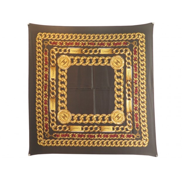 NEUF FOULARD CHANEL CHAINE MEDAILLON GOURMETTE EN SOIE MARRON CARRE SCARF 450€