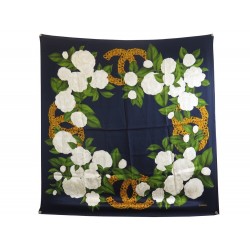 NEUF FOULARD CHANEL LOGO CC & CAMELIA EN SOIE BLEU MARINE NEW SILK SCARF 450€