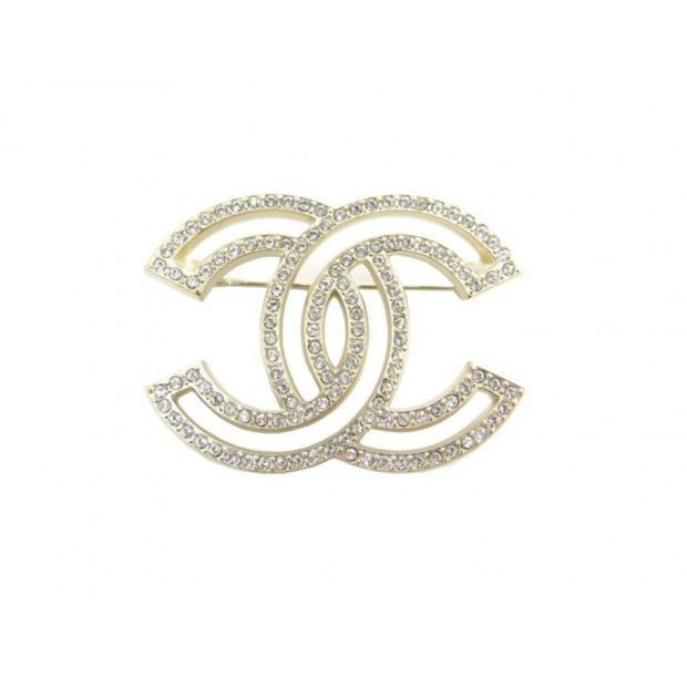 NEUF BROCHE CHANEL LOGO CC & STRASS A64746 EN METAL DORE NEW GOLDEN BROOCH 580€